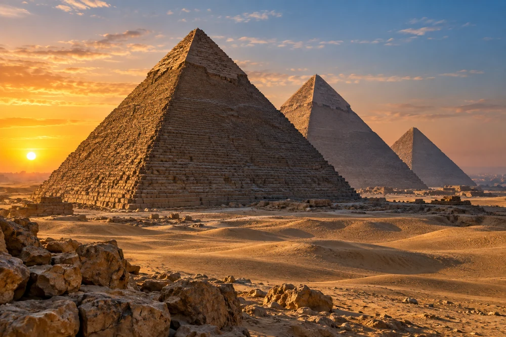 Illustration of the Egyptian pyramids at sunset