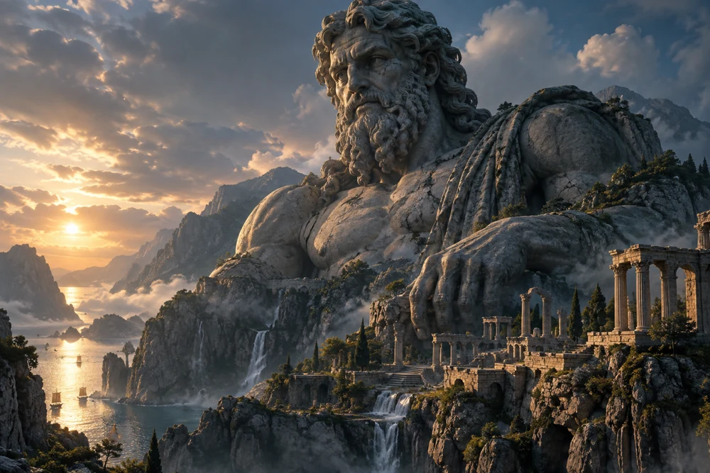Illustration of a giant ancient statue among ruins