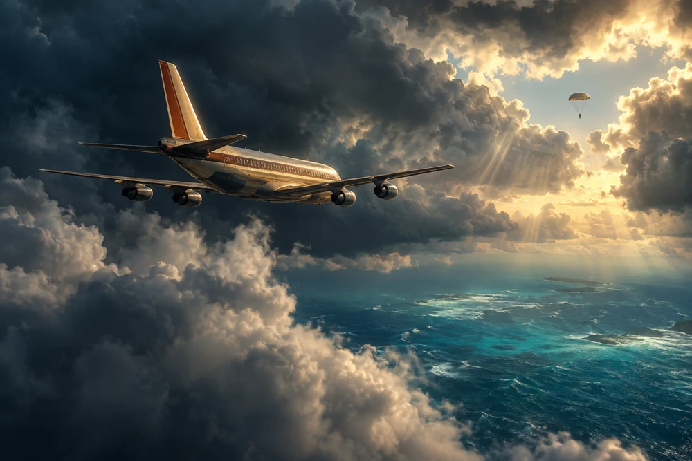 Illustration of an aircraft above a stormy ocean