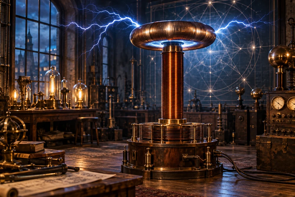 Illustration of a Tesla coil in a historic laboratory